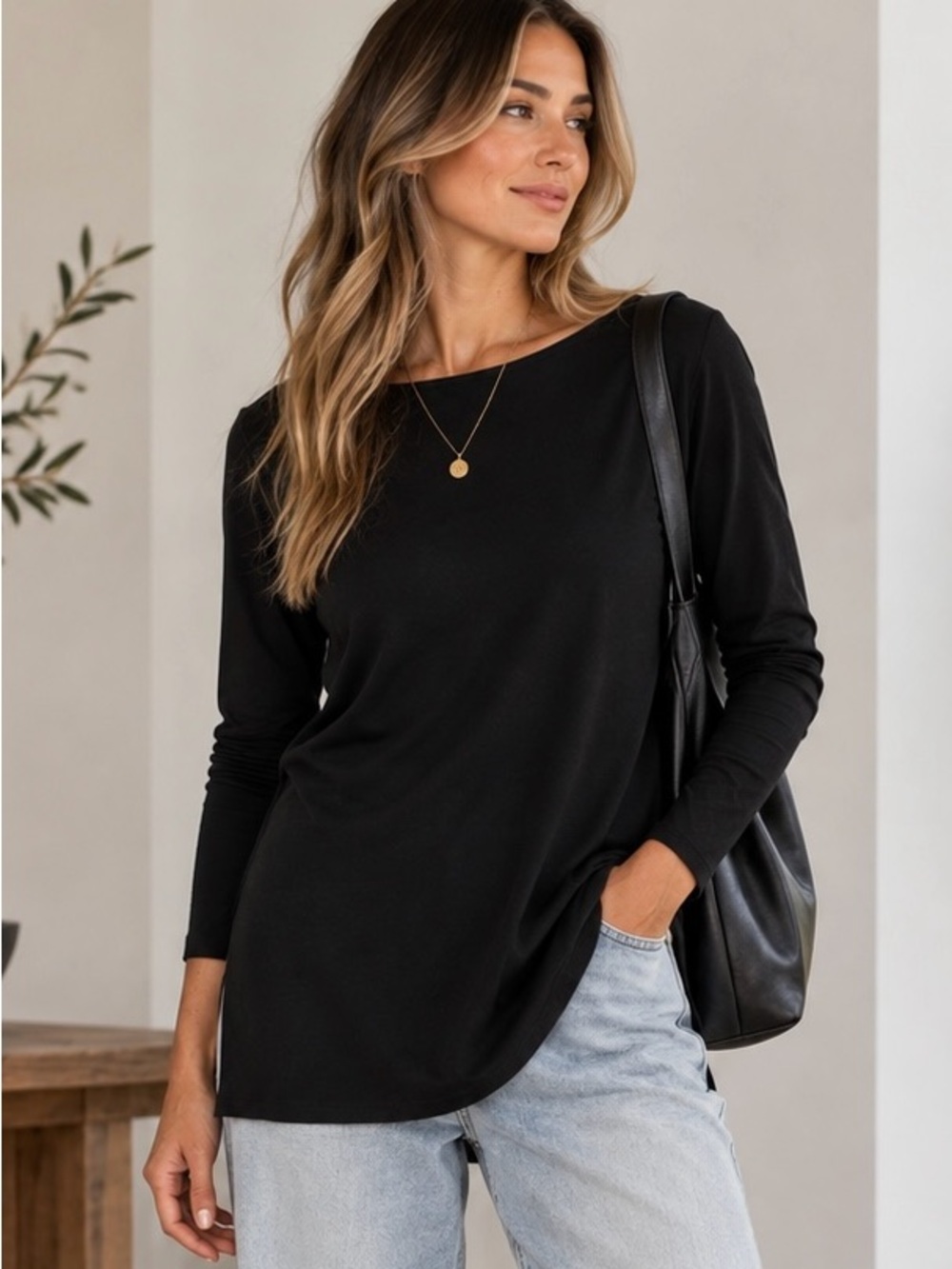 Eileen Fisher Fine Tencel Jersey Tunic Black Bateau Neck Petite Small PS